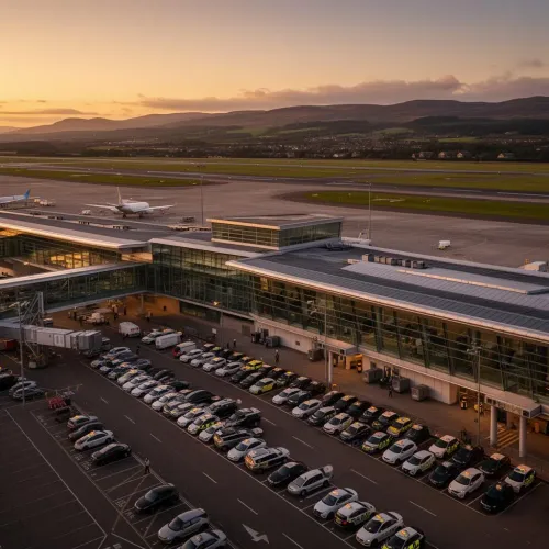 Glasgow Airport terminal with taxis